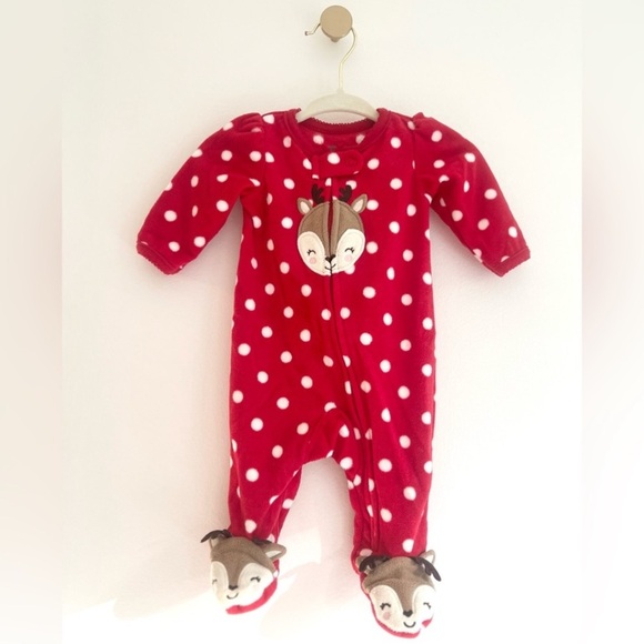 Carter's Red Polka Dot Zip-Up Footie with Cute Reindeer - Newborn Baby Girl - Picture 7 of 7